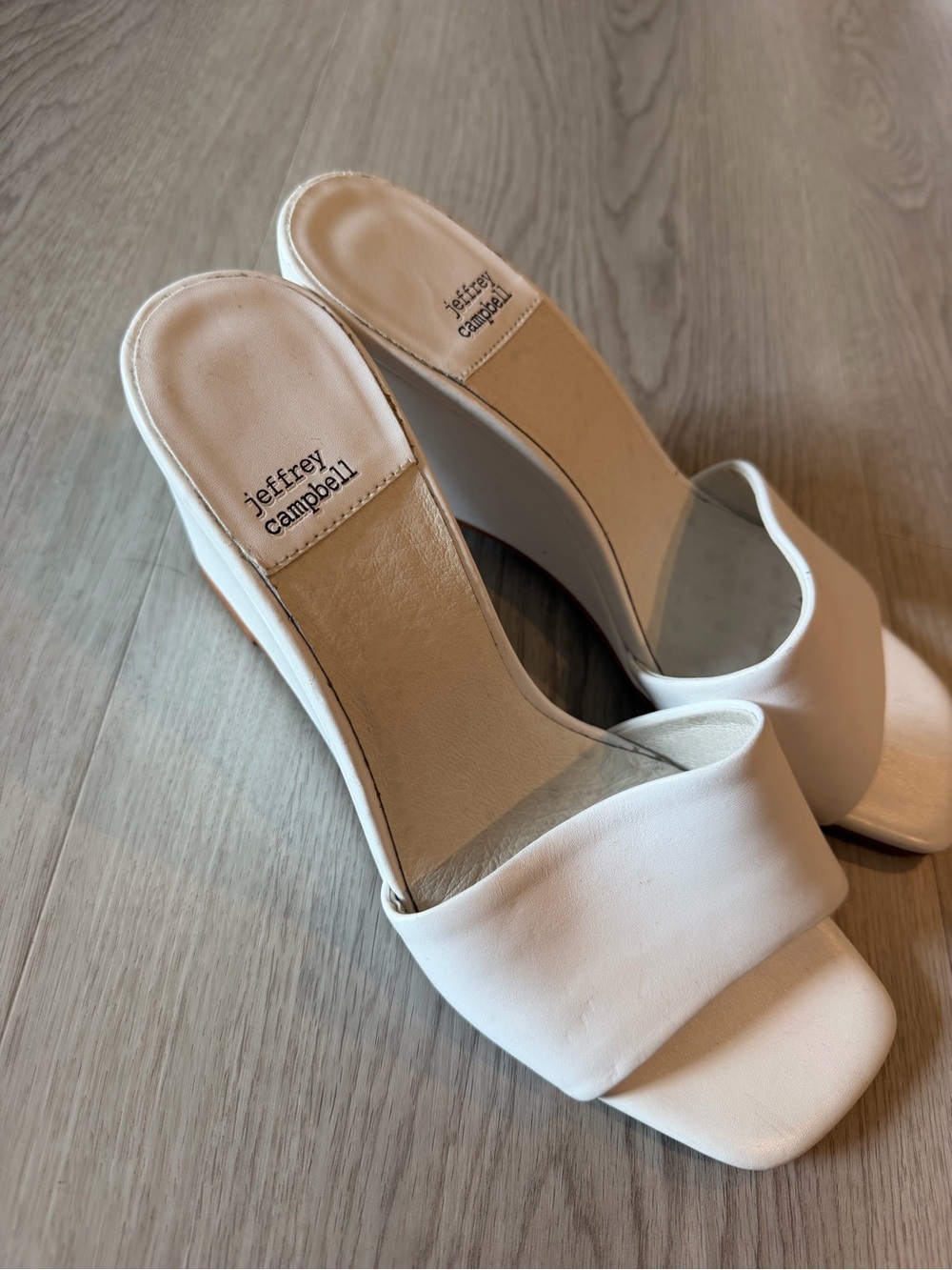 Jeffrey Campbell Cream Open-Toe Wedge Slide Sandals